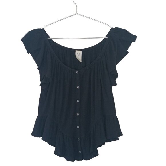Free People Womens Top Black Size XS Ruffled Short Sleeve Button Up - Picture 1 of 14